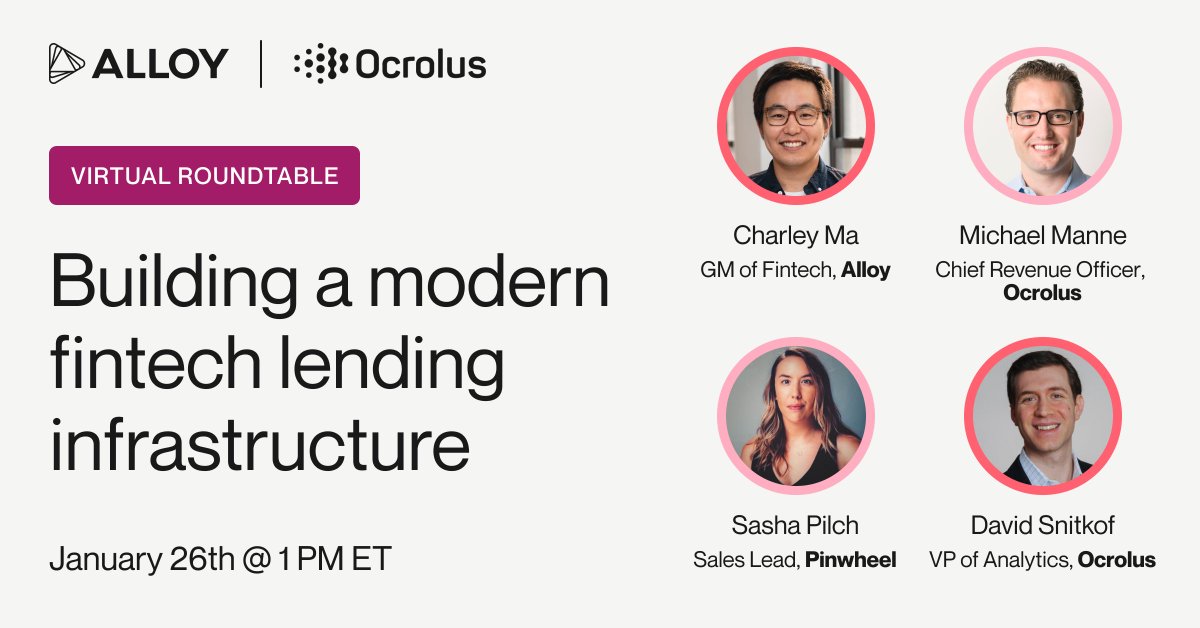 usealloy's tweet photo. .@CharleyMa on another panel? Say it ain’t so! Join Charley as he chats about fintech infrastructure and the future of lending with Michael Manne and David Snitkof from @Ocrolus and Sasha Pilch from @PinwheelAPI. Register here: https://t.co/FwTWv47hYQ https://t.co/ue7qh9NgMo
