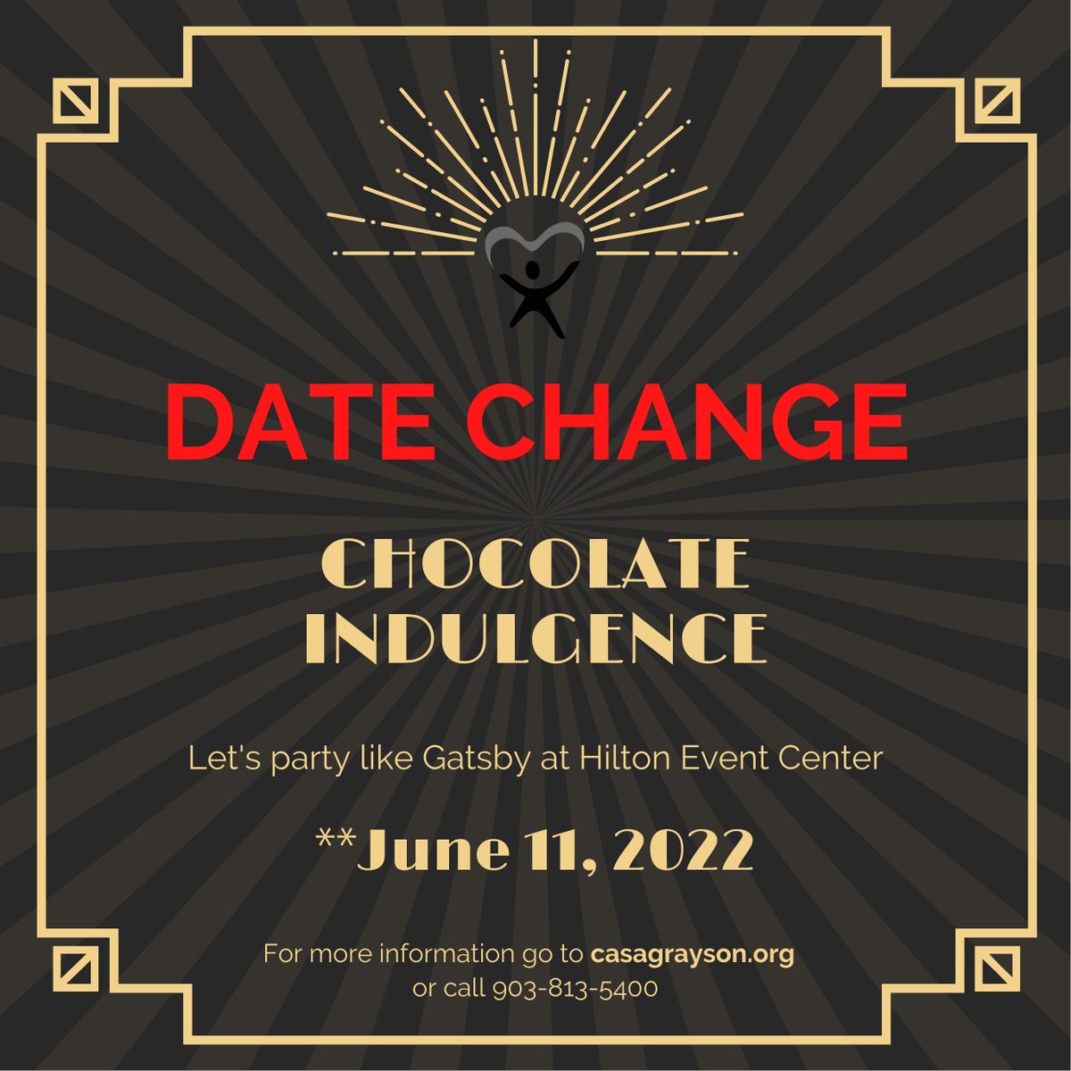 We're still going to "Party Like Gatsby!". Just not until June 11th. 
We hope you can join us in Denison this June.