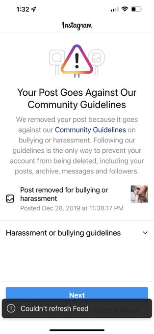 Fully clothed. Literally just a picture of my face with my tongue out. Removed for bullying??? And it’s