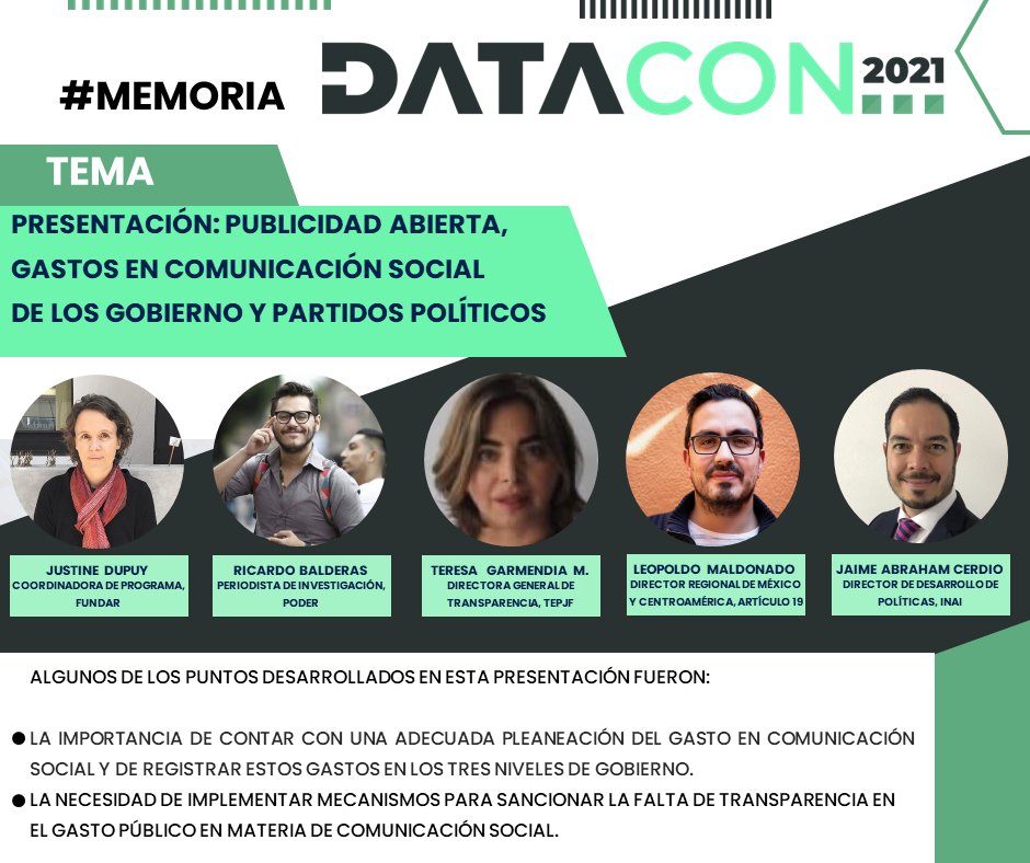 DataConMX's tweet photo. Volvemos con la difusión de la memoria de la #DATACON2021. Recordaremos la presentación: Publicidad Abierta, gastos en comunicación social de los gobiernos y partidos políticos. Consulta la relatoría en: https://t.co/IEAevghAl9 y el video en: https://t.co/kdY5MPXLCl https://t.co/Ptckgk1S7o