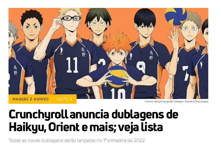 Com Haikyuu!!, Crunchyroll anuncia novidades nas dublagens