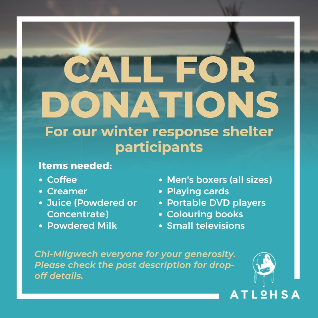 atlohsa's tweet photo. At this time, our frontline staff is continuing to do all they can to help keep our participants at the Wiigiwaaminaan (winter response) Shelter safe and have access to the supports they need. Kindly please share the list with colleagues, friends and family. (1)

 #donate #ldnont https://t.co/7IgPZIdFYy