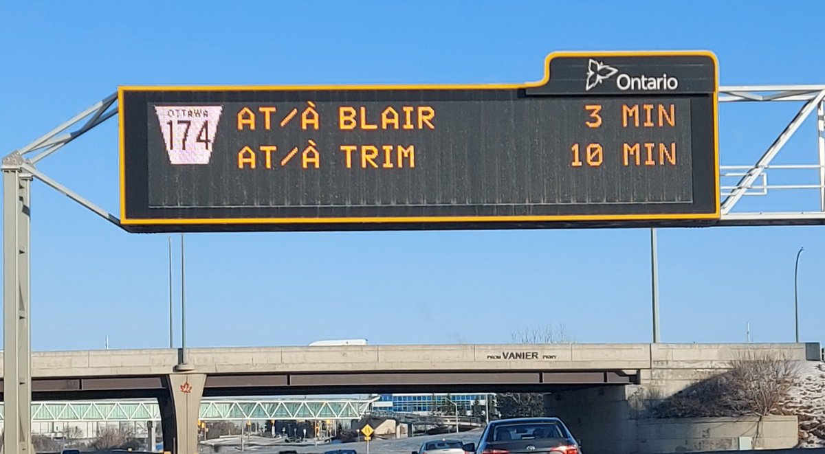 Travelling eastbound on Highway 417 and wondering about the estimated travel time to Orléans and Cumberland? Look overhead!

#OttCity has partnered with <a href="/ONtransport/">Ontario Ministry of Transportation</a> to have the digital sign at Riverside/Vanier Parkway post live travel times.