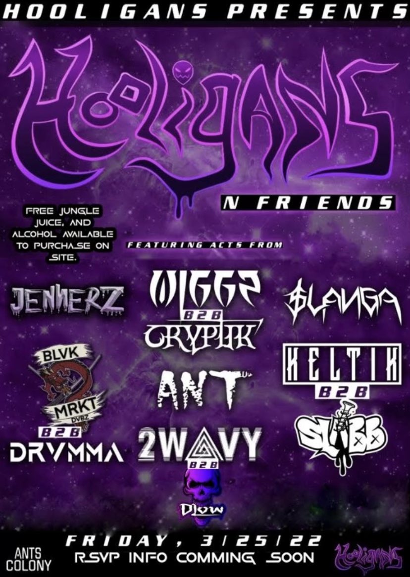 HOOLIGANS PRESENTS: HOOLIGANS N FRIENDS‼️ 

We got a few of our very own artists performing as well as a few great friends‼️

RSVP INFO COMING SOON