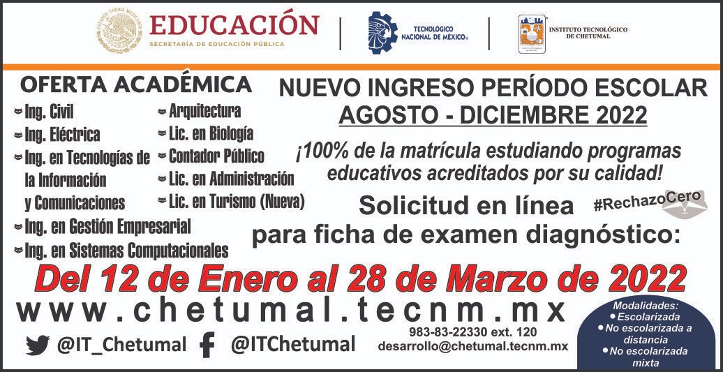 La primera casa de estudios de educación superior en el Estado te invita a ser un MAPACHE! Solicitud de examen diagnóstico del 12 de enero al 28 de marzo de 2022.
Inscríbete: bit.ly/3t9kZTa
Convocatoria: bit.ly/3K9OEoC
#RechazoCero