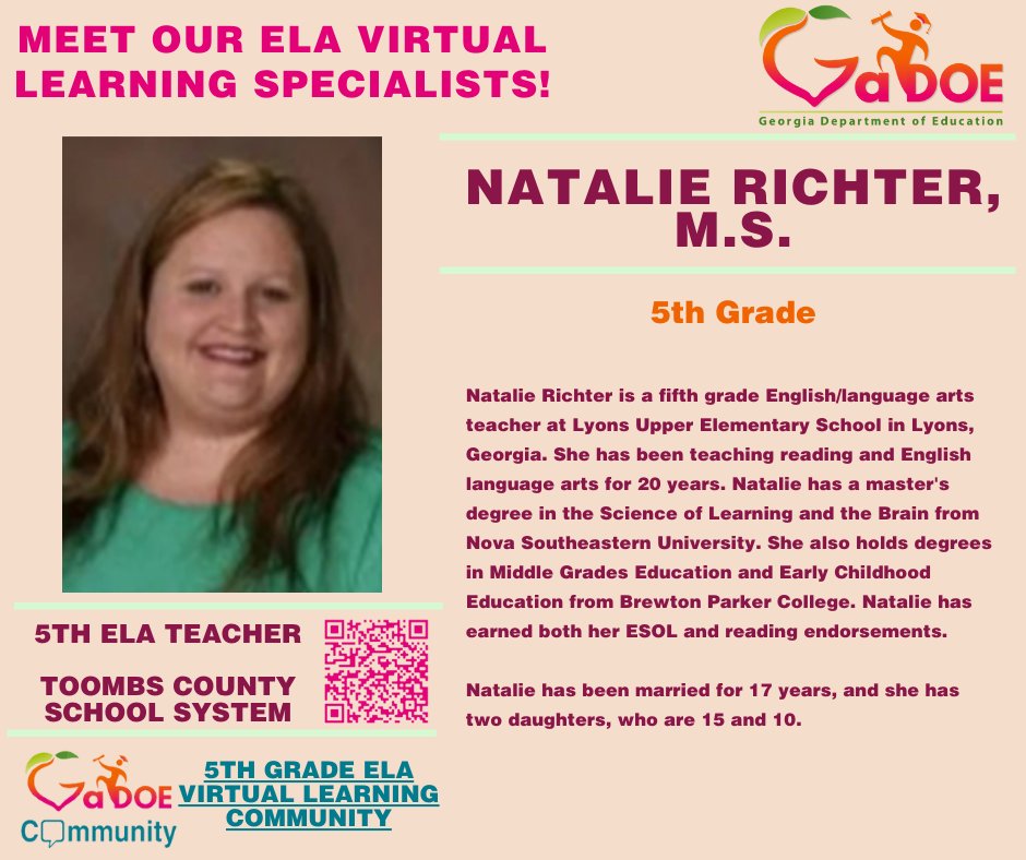 GaDOEELA's tweet photo. Please help us welcome Natalie Richter as our Virtual Learning Community leader for our fifth grade ELA group!
Don't miss a beat! Join our fifth grade group in GaDOE Community at https://t.co/ej0ooWJtJm!
#GaDOEELA #EducatingGAsFuture #GetGAReading #GATeacherResources https://t.co/15OCcaMe0l