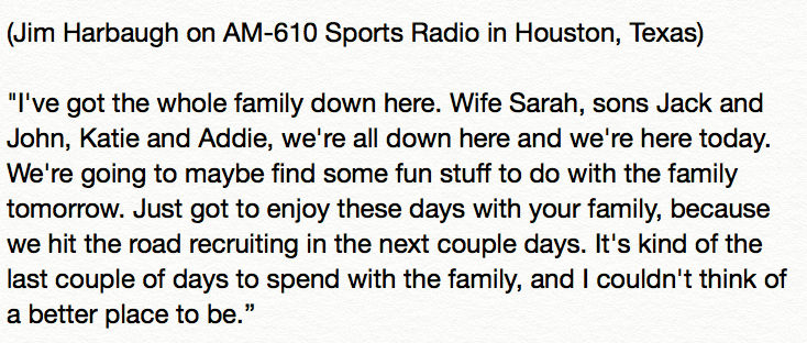 AaronMcMann's tweet photo. Jim Harbaugh spoke to AM-610, the sports-radio station in Houston, Texas, this afternoon ahead of the Paul "Bear" Bryant Awards tonight.

No question about his status at #Michigan, or the NFL rumor mill, but Harbaugh closed the interview with this: https://t.co/OfVCh9OGYC