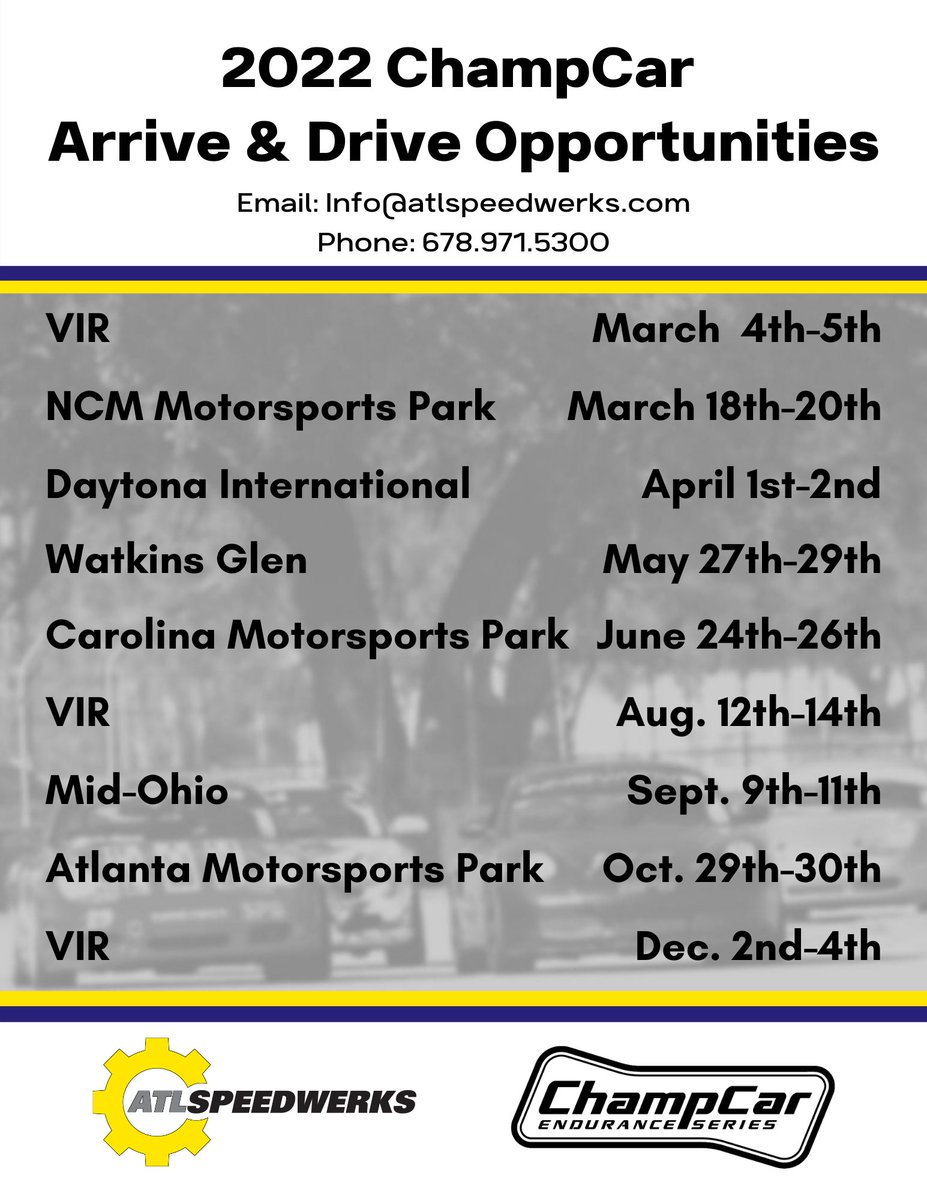 Atlanta Speedwerks (@atlspeedwerks) on Twitter photo Who wants to go <a href="/ChampCarUSA/">ChampCar Endurance Series</a> racing?!?
We're offering a full #ArriveandDrive package complete with drivers' lounge, pro crew, and cars built to win. Call or Email for details!
#GoRacing #EnduranceRacing #Speedwerks pic.x.com/M5JtzK5gWY Who wants to go <a href="/ChampCarUSA/">ChampCar Endurance Series</a> racing?!?
We're offering a full #ArriveandDrive package complete with drivers' lounge, pro crew, and cars built to win. Call or Email for details!
#GoRacing #EnduranceRacing #Speedwerks pic.x.com/M5JtzK5gWY