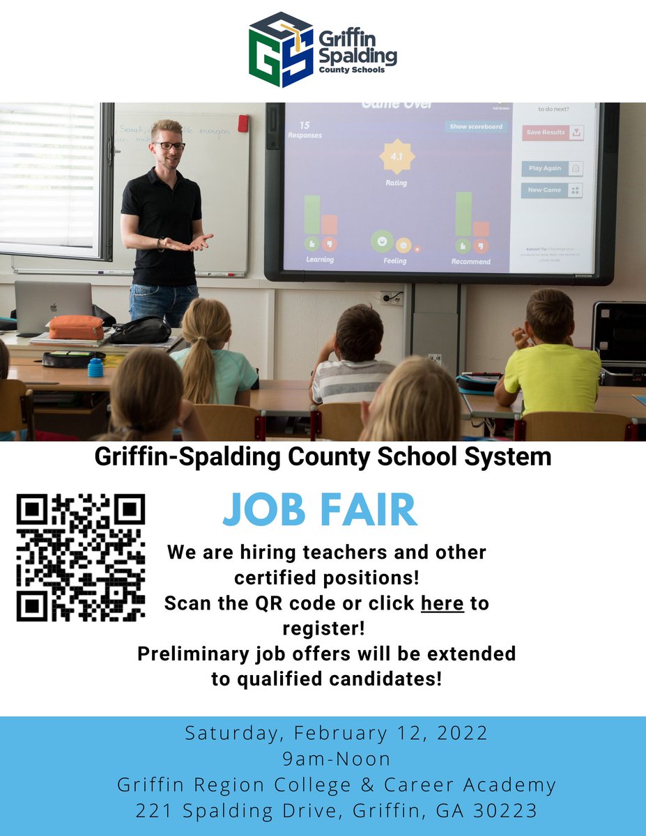 TEACHERS, <a href="/GriffinSpalding/">Griffin-Spalding K12</a> will be hosting a job fair one month from today and preliminary contracts will be extended to qualified candidates! Register using the link/QR Code on the flyer! 2022-2023 positions are already posted at TInyurl.com/GSCSJobs! #ComeGrowinGriffin
