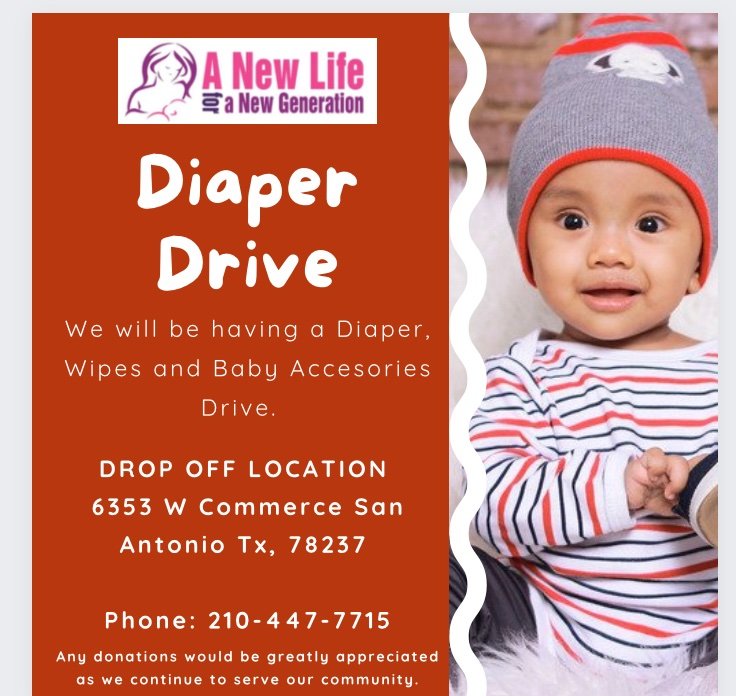 👋 Hello to all of our families and followers!We are having a Diaper Drive;some ideas for donations are diapers, wipes, formula, all donations are welcome 😃 
Items can be dropped off @ Westside offices:6353 W. Commerce St, SATX 78237.
Any questions please call our
 210-447-7715.