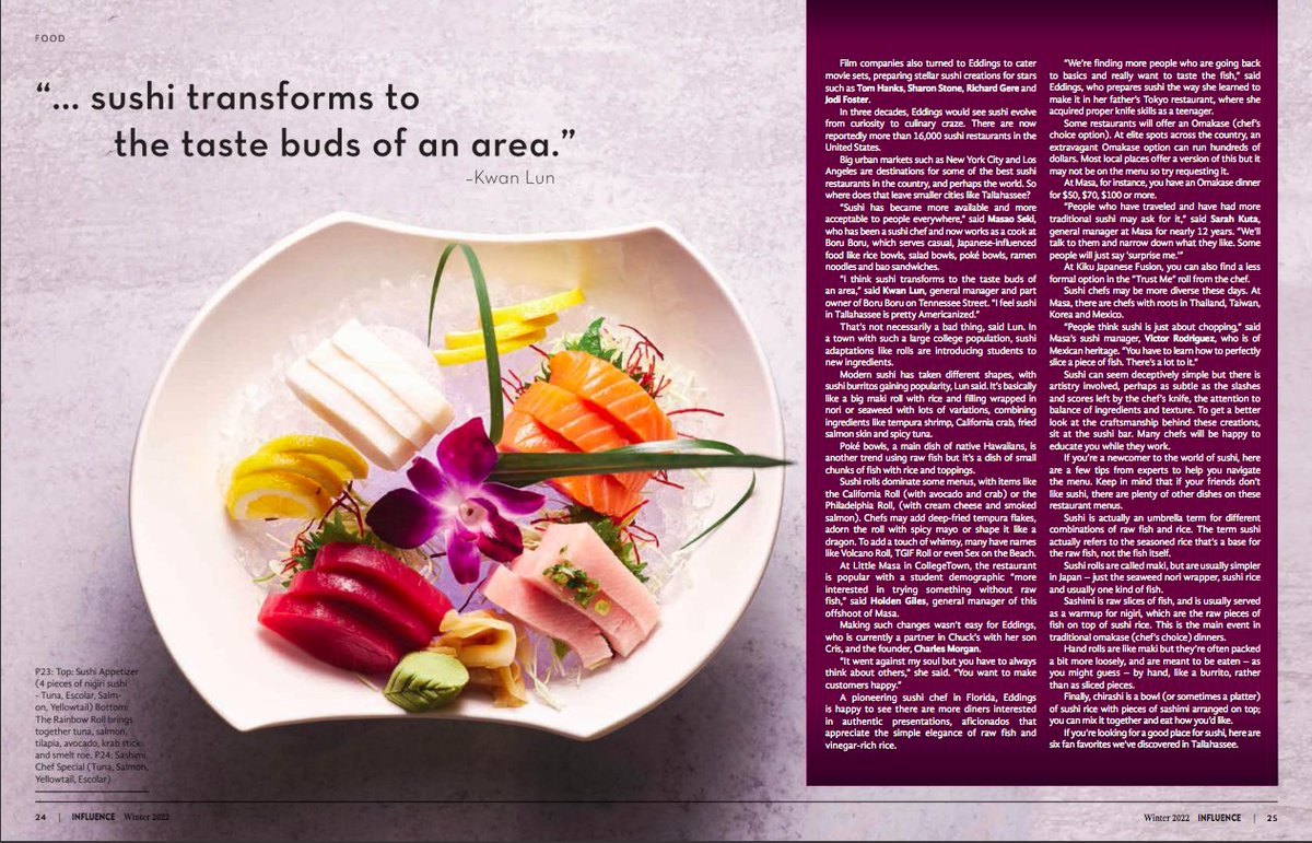 ProffittPR's tweet image. YES, there is AMAZING sushi in Tallahassee (along with Destin and Panama City Beach!) Click below to see @OsakaSteakhouse featured in the Winter 2022 issue of Influence Magazine Florida 🍣
issuu.com/influenceflori…