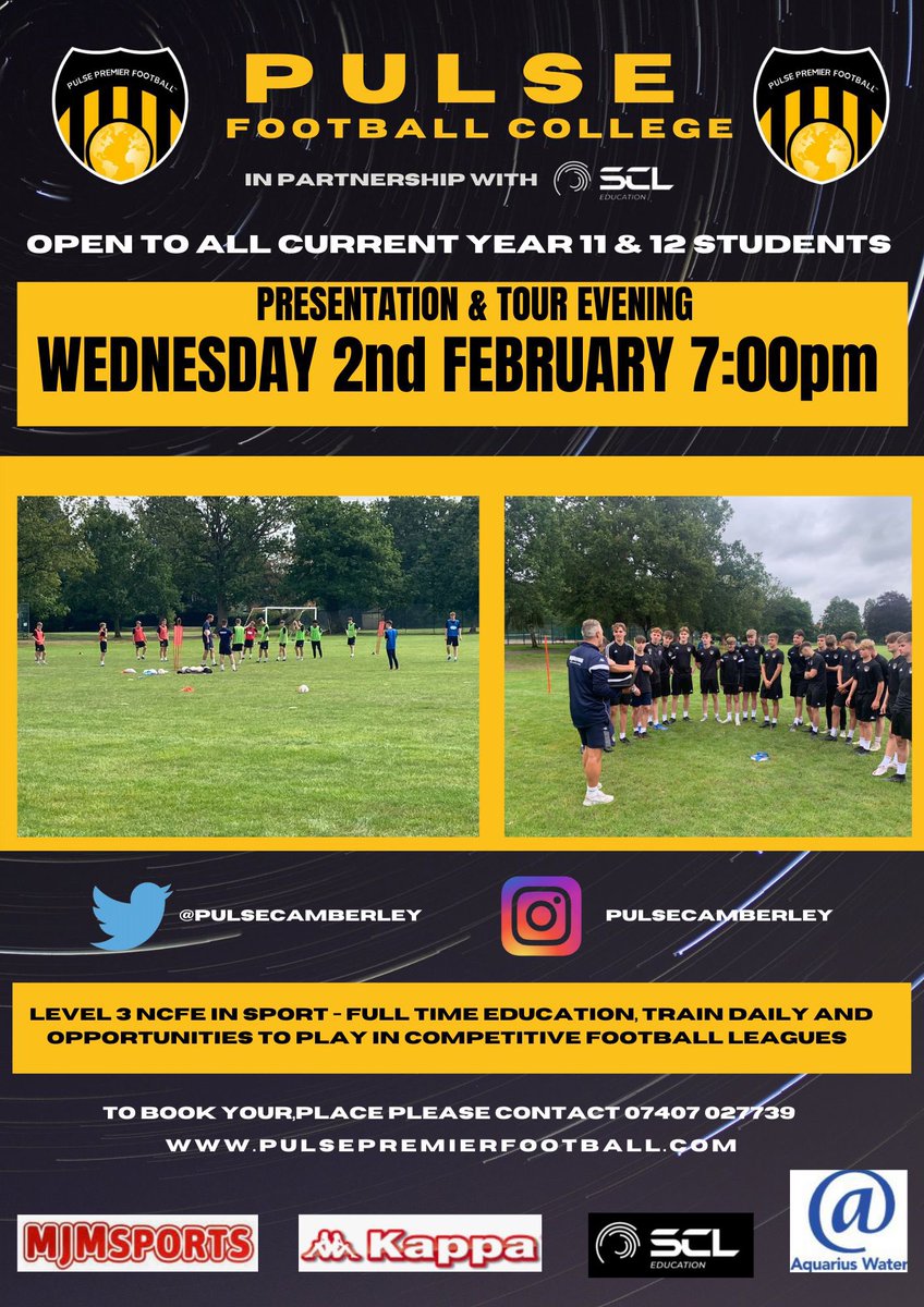 PulsePremier's tweet photo. ⚽️Pulse presentation and tour evening on Weds 2nd Feb at 7pm for any Year 11/12 students interested in joining us full time in September. All welcome but please register interest first at https://t.co/VMoWE4Hjkh @SCLeducation #pulsefamily #joinpulse #football #college https://t.co/C5EdbCCHHS