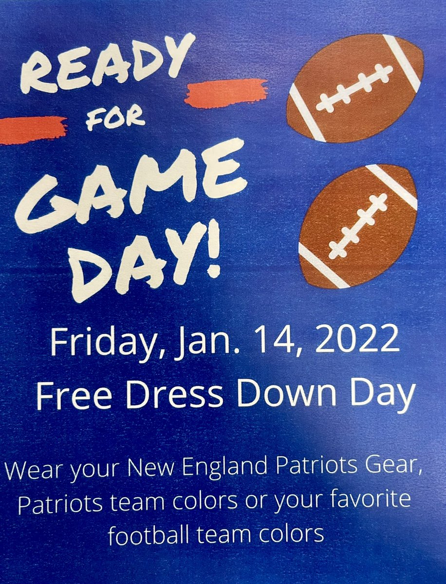 Families and staff, we will have a free dress down day to celebrate Patriots playoff football. We invite all to wear Patriots gear, patriot colors, or gear /colors of your favorite team! <a href="/Patriots/">New England Patriots</a> #SilviaFamily