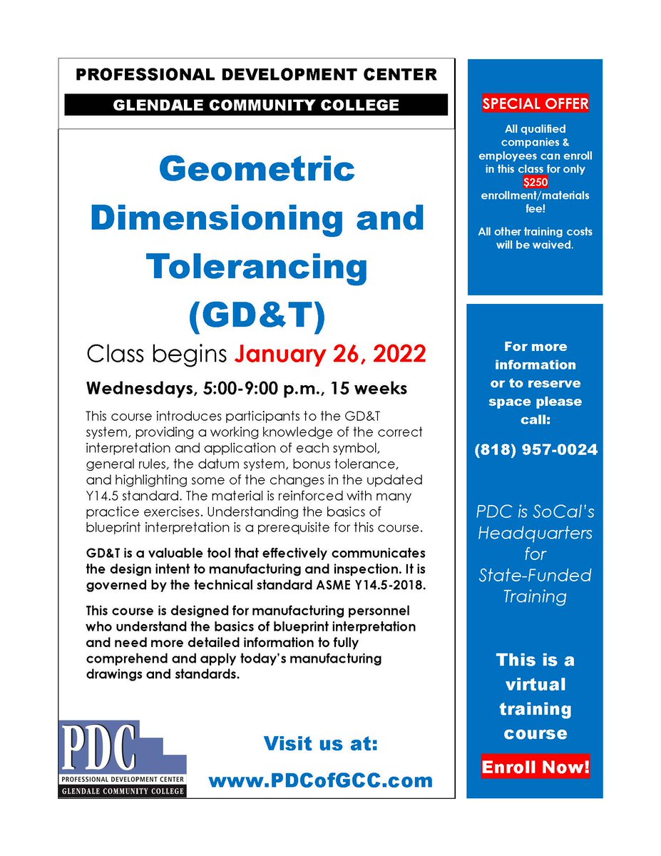 PDCGlendale's tweet image. #GeometricDimensioningandTolerancing (GD&amp;amp;T)  #trainingclass begins on January 26, 2022. Contact us today to enroll!