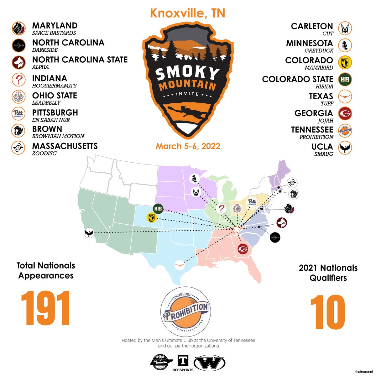 We are so excited to finally announce the official team list for Smoky Mountain Invite! 
The star studded lineup is coming from all across the nation and is sure to make a great tournament!
Be there or be 🟧!