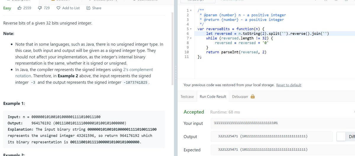zenemm_'s tweet image. LeetCode190:
Managed to figure this one out, but looking at solutions afterwards, I saw much more technical ways of doing it using bit comparisons... for me this will do😵💫
#codesolution #100daysofcode