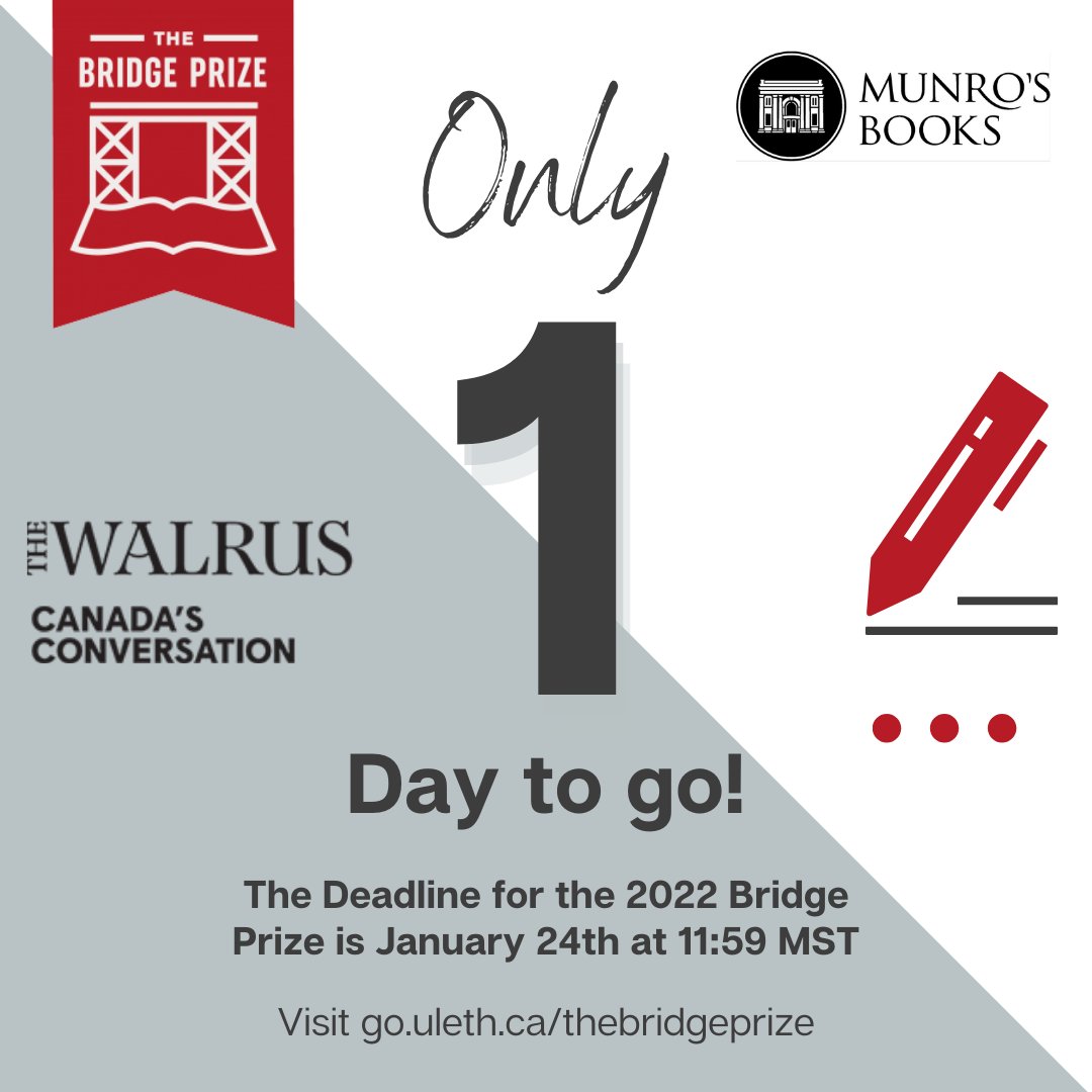 BridgePrize's tweet image. Today is the last day to submit your 2022 #BridgePrize short story. Entries can be submitted at go.uleth.ca/thebridgeprize until 11:59pm MST tonight. We cannot wait to start reading your entries! @MunrosBooks @thewalrus