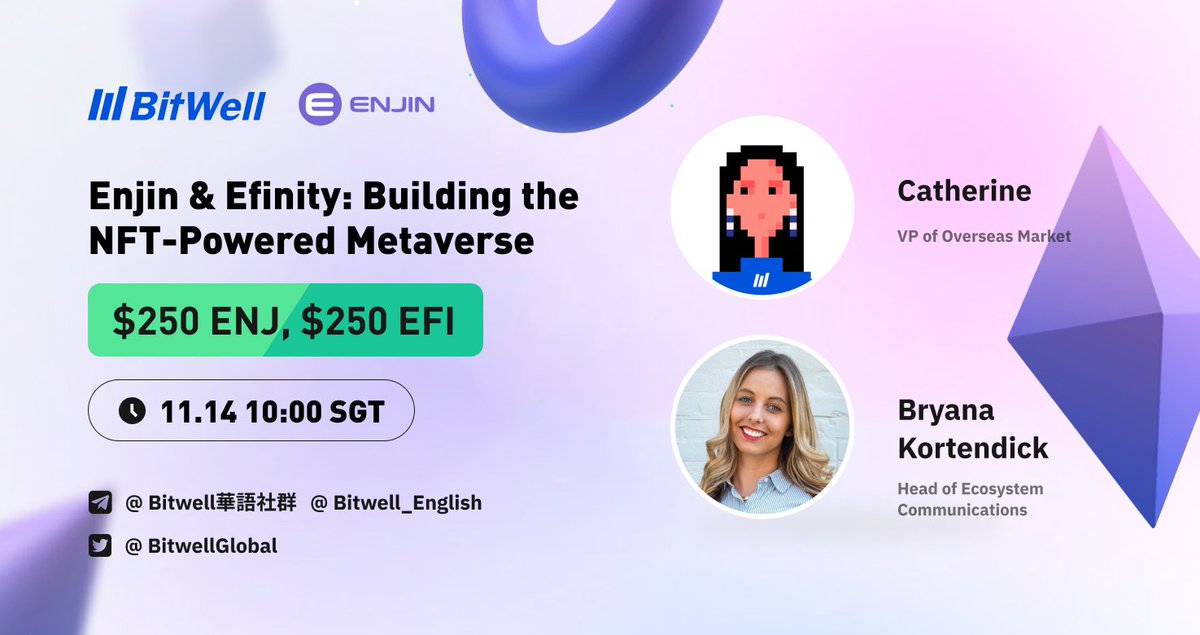 BitwellGlobal's tweet photo. AMA with #Enjin &amp; #EFinity  

⏰Time: 2AM UTC+0, 14th Jan. 2022 
👉Venue: https://t.co/H9GkH7lsLv
✅Like&amp;RT &amp; Comment 1 Question &amp; Follow @BitwellGlobal + @enjin @efinityio  &amp; Tag 3 Friends

🎁$250 #ENJ+$250 #EFI to be shared! 

#BTC #ETH #NFT #opensea #NFTartist #GameFi #nftart https://t.co/jaadwtiMPc