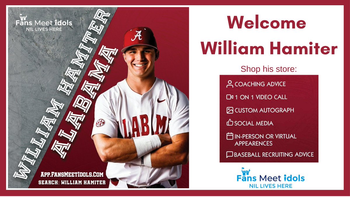 FansMeetIdols's tweet photo. Welcome @william_hamiter w/ @alabamabsb  to the 
@FansMeetIdols Family.  Shop William's Storefront here: https://t.co/Y58TJZWqKb
#BamaBaseball #NILLivesHere #RollTide https://t.co/jsO6GLDTg3