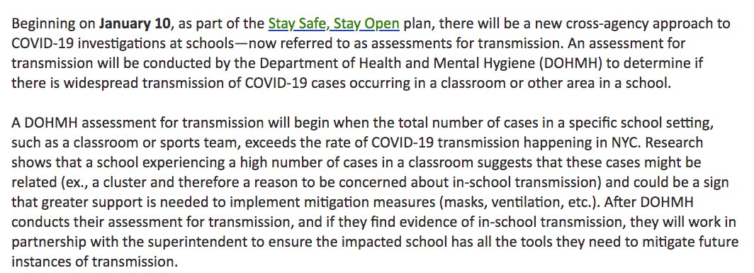 safeschoolsny's tweet photo. Love how @NYCSchools/@DOEChancellor/@NYCMayor were kind enough to put a concrete example into their new we-got-rid-of-investigatins-now-they-are-assessments-policy. 
"...the threshold for an assessment of transmission is 10 cases in a classroom..." #ParentsCallBS https://t.co/pD1YESjhp5