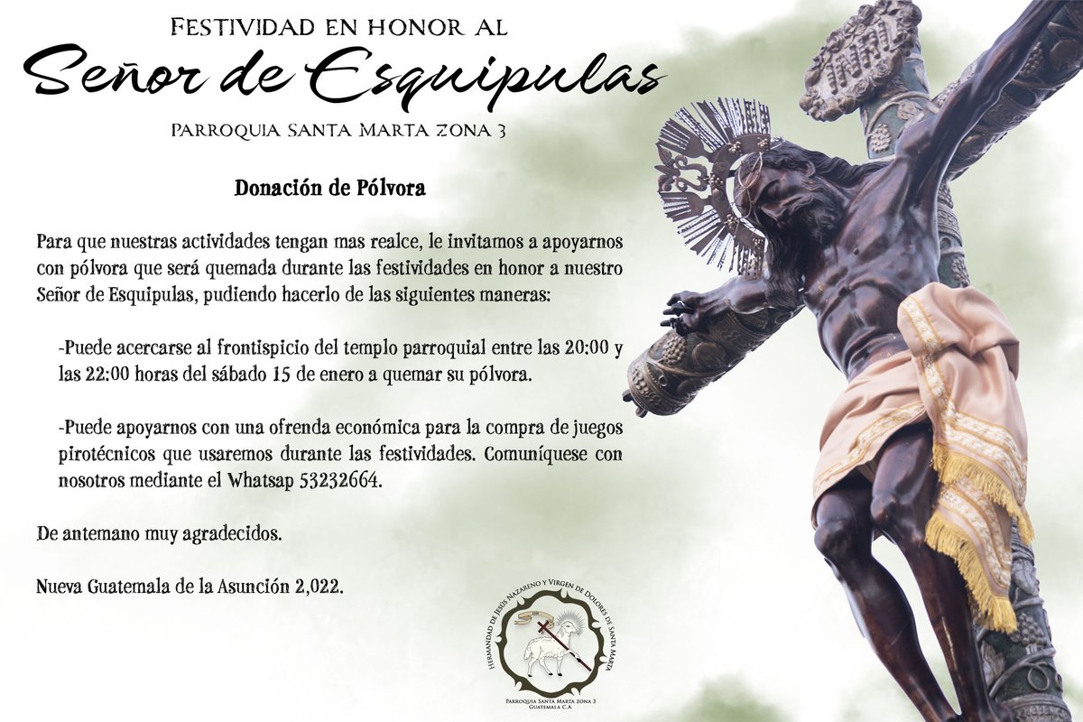 RedentorDC's tweet photo. Donación de pólvora para las festividades en honor al Señor de Esquipulas.
De antemano muy agradecidos.
#Señordeesquipulas #santamartazona3 #redentordc #tradicionesgt #feydevocion #cautivosgt https://t.co/4Qrb13YdQh