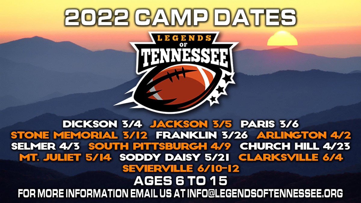 🚨 REGISTRATION STARTS TOMORROW 12PM FOR THE 1ST 6 CITIES. THIS SEASON WILL WILL FEATURE A FEW CURRENT UT FOOTBALL STARS AS CAMP INSTRUCTORS AND MORE‼️
#LEGENDSCAMP2022🍊🏈⭐️
<a href="/treeceadvantage/">Chris Treece</a> <a href="/SwainEvent/">Jayson Swain</a> 
<a href="/ewestmoreland42/">eric westmoreland</a> <a href="/WATESports/">WATE Sports</a> 
<a href="/spyresports/">Spyre Sports Group</a> <a href="/RamonFoster/">Ramon Foster</a>
