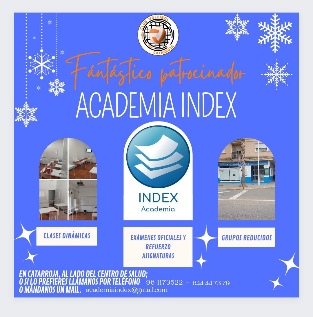 CV_Catarroja's tweet photo. El #clubvoleibolcatarroja presenta al nostre col·laborador #ACADEMIA_INDEX de #Catarroja. #Sompoble
Professionals de l'ensenyament de les llengües i del suport educatiu sempre vinculats al #voleibol 🏐
#ColegioLarrodé #CEIP_Vil·la_Romana #Somvòlei #Massanassa #Albal https://t.co/V8Pop4E2PI