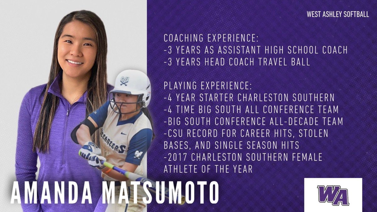 WestAshley_HS's tweet photo. West Ashley High has named the 2017 Charleston Southern Female Player of the Year, Amanda Matsumoto, as the next head softball coach for the upcoming spring 2022 season!!

Find out more about Coach Matsumoto through the press release at the link in bio.

#ThisIsWestAshley https://t.co/DwXewz7Dwa