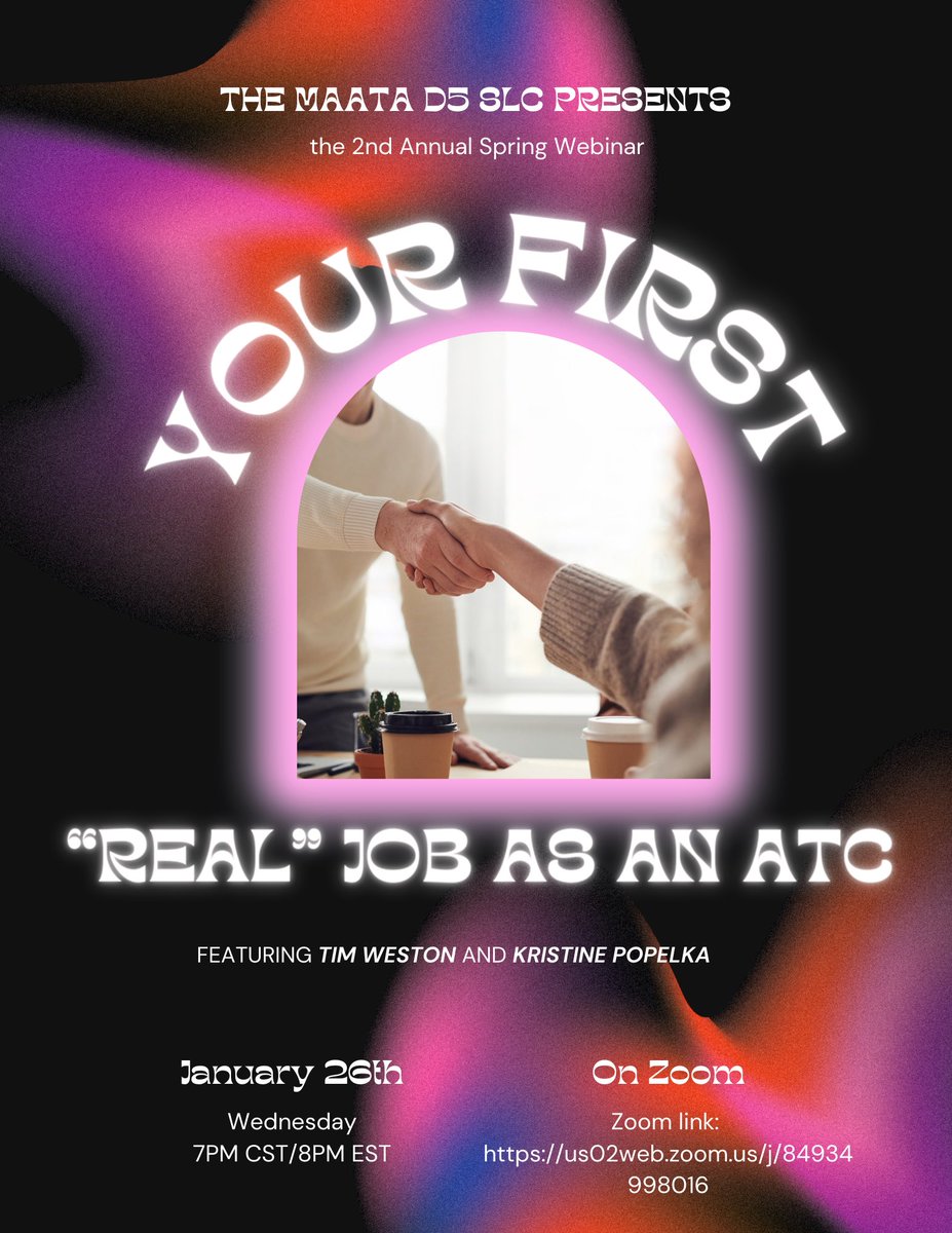 district5slc's tweet image. SAVE THE DATE‼️ MARK YOUR CALENDARS‼️ January 26th‼️

For our 2nd Annual Webinar, Tim Weston and Kristine Popelka will be speaking on what to expect on your first real job as a Certified Athletic Trainer (ATC). 

Event will be Zoom!!! #nataslc #maatad5