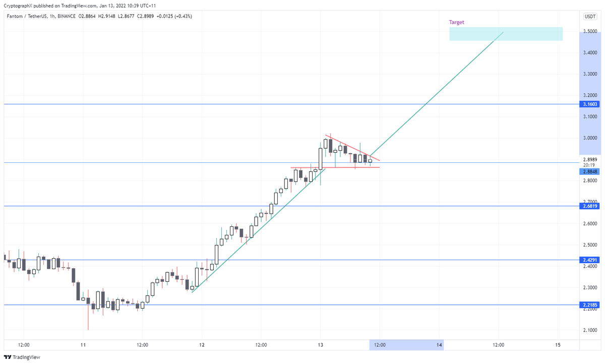 CryptogrphX's tweet photo. Watching $FTM 1hr bull flag for a quick trade if $BTC holds strong. 🤞 (NFA DYOR) https://t.co/5jvWMbn6ES