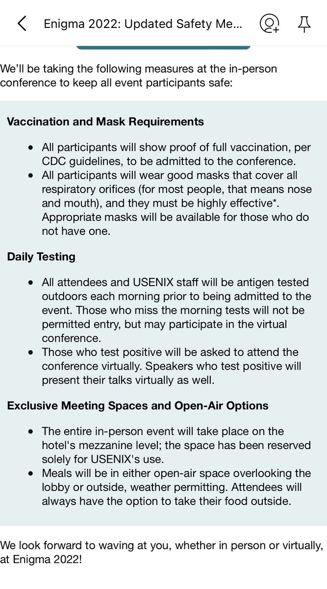 <a href="/enigmaconf/">Enigma Conference</a> is a model of how to follow safety guidelines. Other conferences take note!
