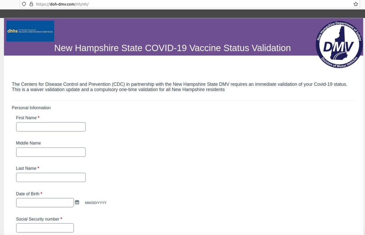 New #smishing scam targeting #NewHampshire cell owners, judging by the code, a similar template was used against New York. Don't fall for it, not an official website, phishing for your social security and other information. #covidscam 
#IoCs: doh-dmv[.]com, registered  to a gmail
