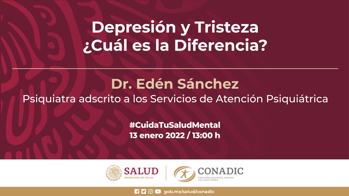 conasamamx's tweet image. El 13 de enero conmemoramos el #DíaMundial de la Lucha #ContraLaDepresión, compartiremos el día de mañana una serie de programas relativos al día. Acompáñanos a partir de las 11 de la mañana. #CuidaTuSaludMental @Psiquiatria_SAP #STConsame @LineaDe_LaVida  @juntosxlapazmx