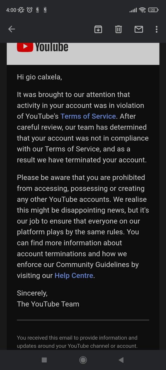 spacetrain123's tweet photo. @TeamYouTube I have reviewed the mail. does not say why a count was deleted. And I have submitted an appeal but received the same email. There is no explanation just info that you have deleted the account. https://t.co/c3liivO0Vp