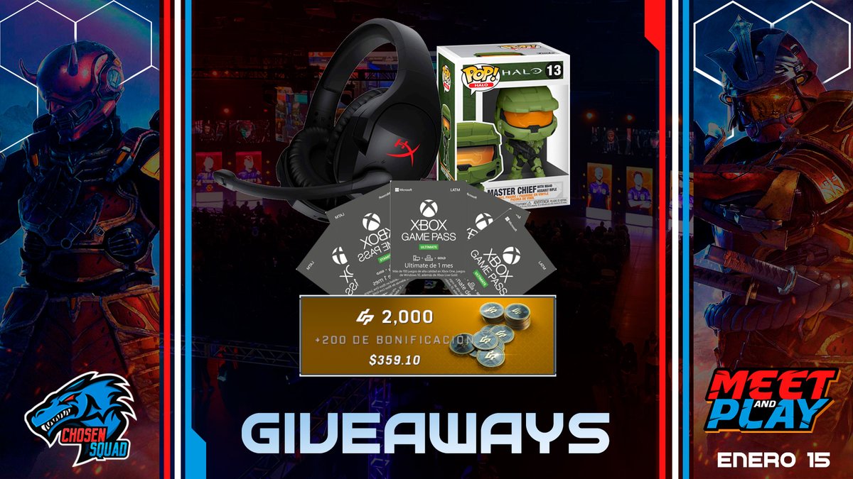🚨 GIVEAWAY 🚨

Tenemos regalitos para el #MeetAndPlay 🥳 

Solo tienen que cumplir estos requisitos y participar durante la transmición.

- Seguir a <a href="/Chosen_Squad/">Chosen Squad</a>
- 🔁 Like y RT ❤️
- Etiquetar a 2 amigos

En vivo el día 15/01/2022 por: twitch.tv/chosensquad