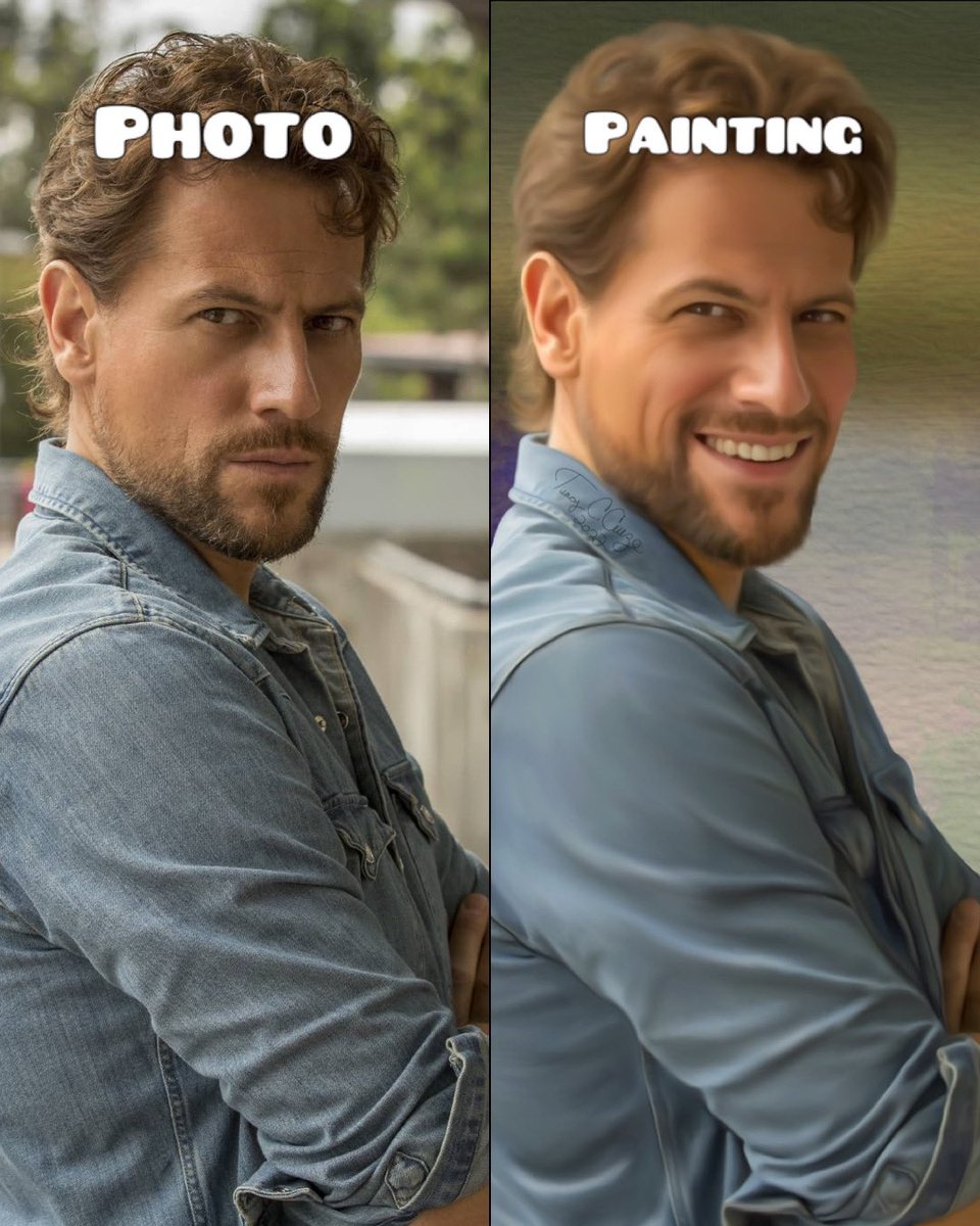 Only1Tracy's tweet photo. I thought some of you might like to see the reference photo (alongside the artwork)that inspired the #procreate #painting I painted of @ioangruffudd . I usually try to go with the same look, but it was a fun challenge to do something different. 🎨☺️

#harrowabc #paintings https://t.co/kgYIpJZ8BF