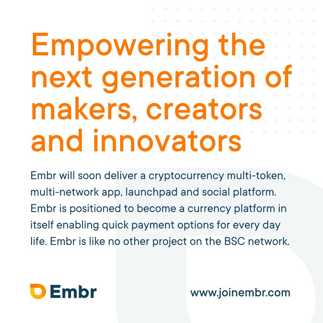 EvanDyer's tweet image. Have you looked into what $EMBR is bringing in 2022?

📽️Weekly live podcast with team
🔁Buy and stake on Embr website Embr.org
✅Proof-Of-Concept achieved
🔒Hacken Audited
🔎Publicly Doxxed team 

#JoinEmbr #BSC #BNB #cryptocurrency #NFT #doge #NFTs #SHIBARMY #BTC