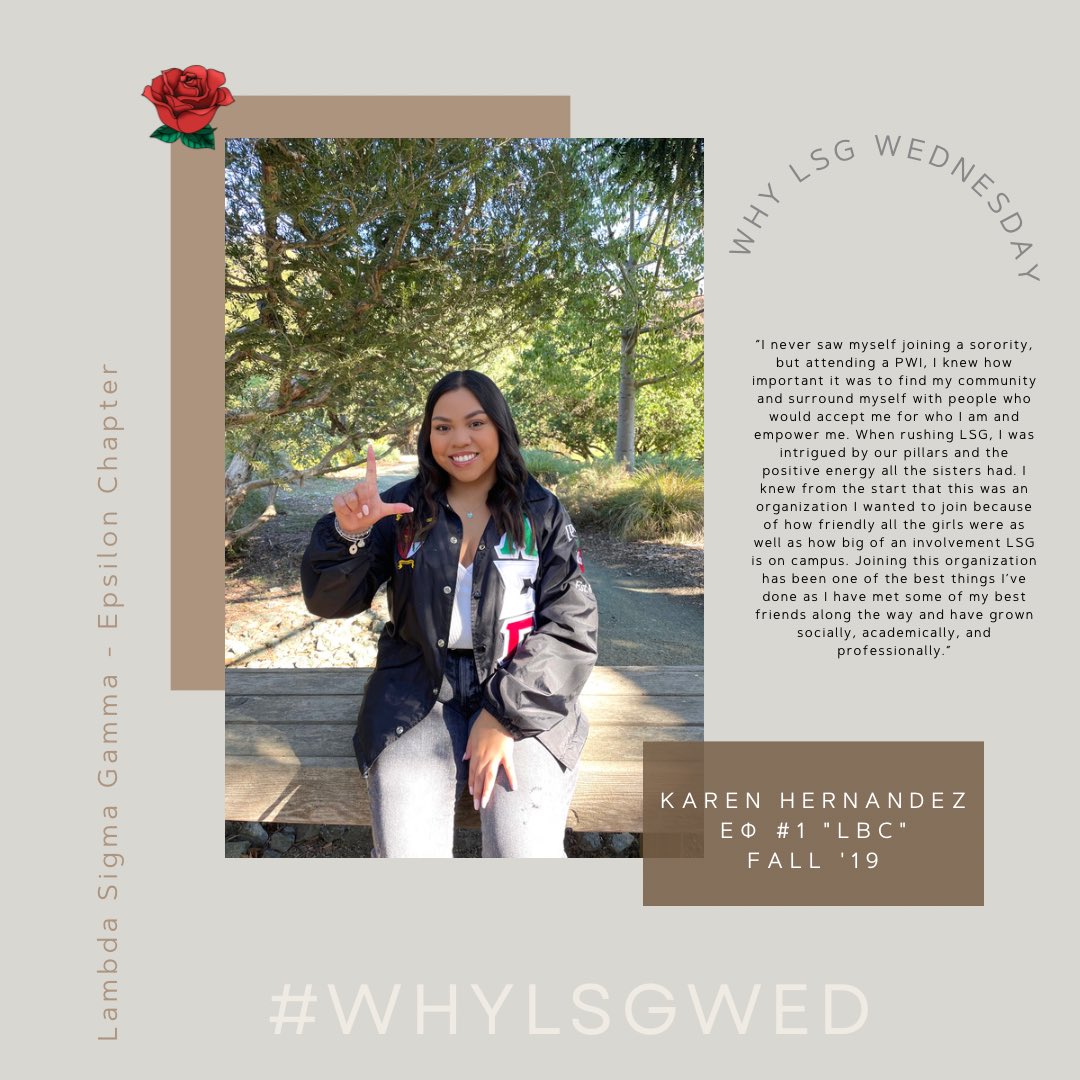 LSG_CalPoly's tweet image. Kicking off our #WHYLSGWED series we have none other than our sister Karen Hernandez ΕΦ #1 “LBC”🌹

•3rd year - Major: Sociology - Minor: Political Science - Concentration: Organizations 
•Hometown: Long Beach, CA 
•Positions: Chapter Vice President &amp;amp; Co. of Publicity