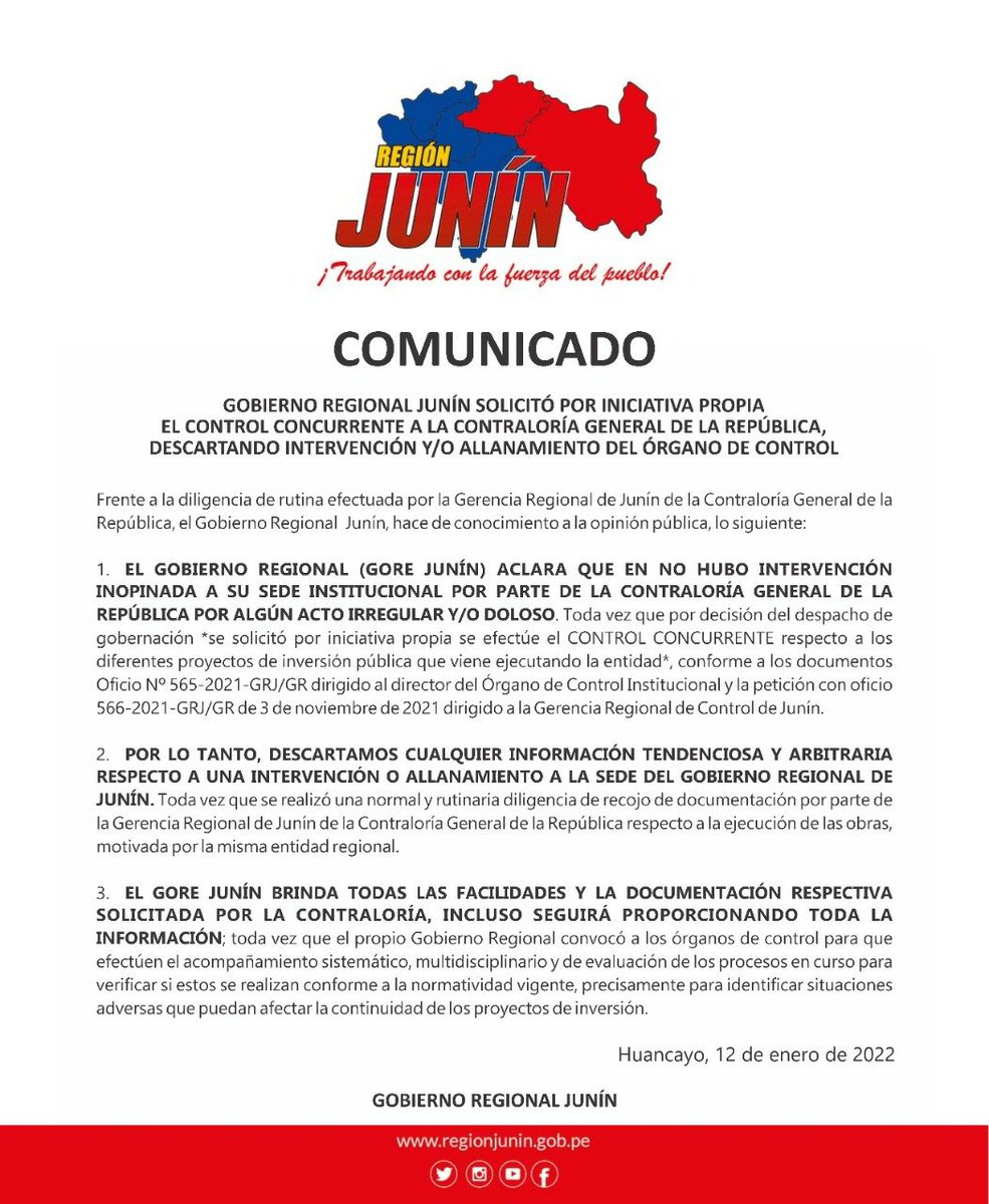 GobiernoJunin's tweet photo. @ContraloriaPeru @peru21noticias @elcomercio_peru @Agencia_Andina @exitosape @RPPNoticias @larepublica_pe @noticias_tvperu @canalN_ @Latina_Noticias @diariocorreo Descartamos que la @ContraloriaPeru haya realizado una “intervención” al GRJ. Se recibió a la comisión acreditada por el órgano de control a solicitud nuestra, que solicitamos el control concurrente de las obras mencionadas, lo que dejamos señalado en el acta de la visita. https://t.co/tUxl3OdzhY