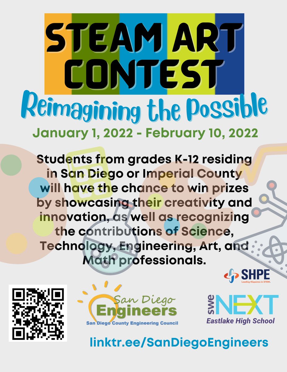 Know a student #artist?🎨
San Diego and Imperial County K12 students have the opportunity to win prizes by showcasing their creativity and innovation. Deadline to enter is Feb 10, 2022. See the official rules: 
sandiegoengineers.org/stem/art-conte…  #SanDiegoEngineers #STEM
#STEAM
#artcontest
