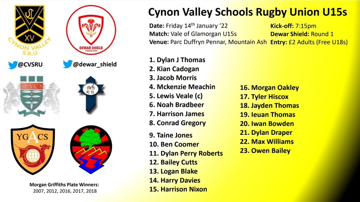 Here is your @CVSRU team to face @ValeSchoolsU15 in Round 1 of @dewar_shield this Friday. A great combination of learners from @ACS_Sport @Main_MACS @StjohnboysPE @AGRhydywaunPE. There is no spectator limit as per WRU U18 Guidelines but please stay safe🖤💛🏉 @Cardiff_Pathway🔵⚫