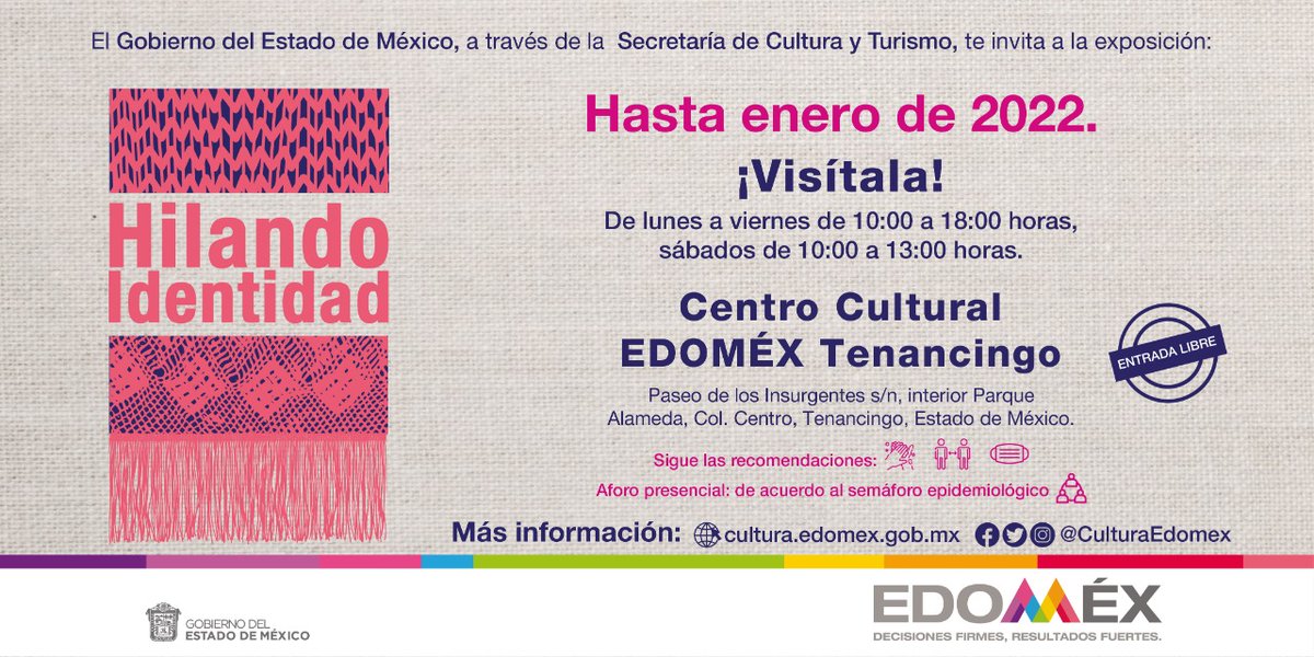 CulturaEdomex's tweet photo. La exposición #HilandoIdentidad tiene como objetivo valorar el rebozo y fomentar entre la gente el consumo local a partir de conocer el proceso de elaboración, la dedicación y el amor que las manos mexiquenses ponen en cada una.
Conócela en el Centro Cultural @EdomexTenancing. https://t.co/uvF9EusCpW