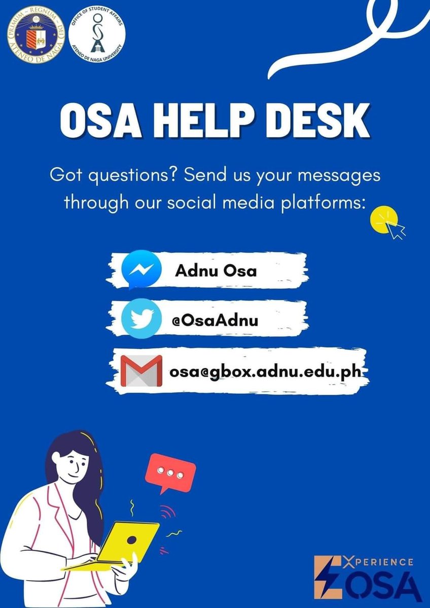 ADNU_Official's tweet photo. Feel free to send a message on any of the Office of Student Affairs' social media platforms and contact numbers:

💻 Facebook Messenger: Adnu Osa
📧 Email Address: osa@gbox.adnu.edu.ph
☎️ Phone: (054) 881-2368 local 2125

#AdnuOsa
#ExperienceOSA https://t.co/x8LflWP3VA