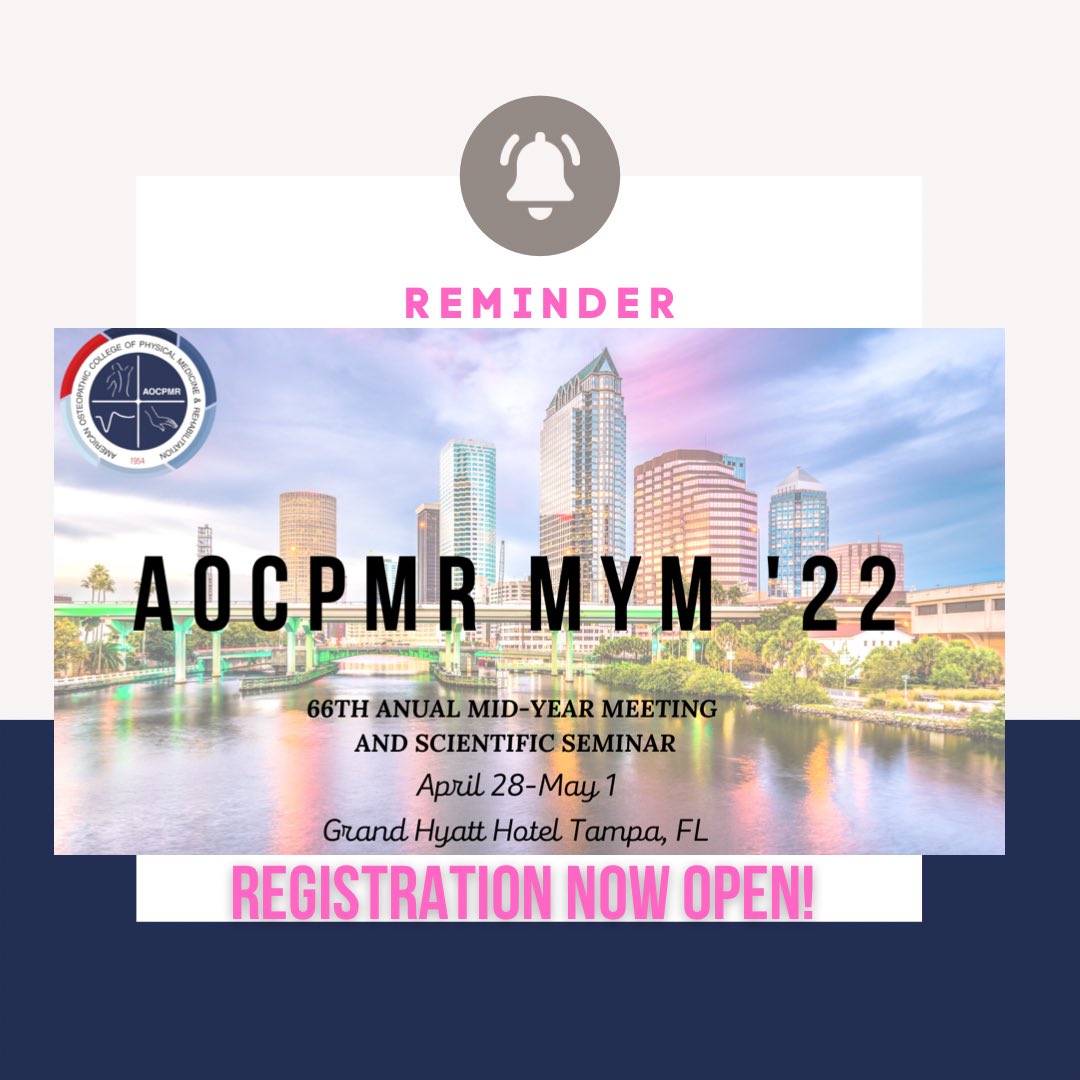The 2022 AOCPMR Annual Mid-Year Meeting will be taking place at the Grand Hyatt Hotel located in Tampa, Florida from Thursday, April 28th to Sunday, May 1st. Registration is FREE for Students! Saturday we will hold a student focused track with lectures and labs.
