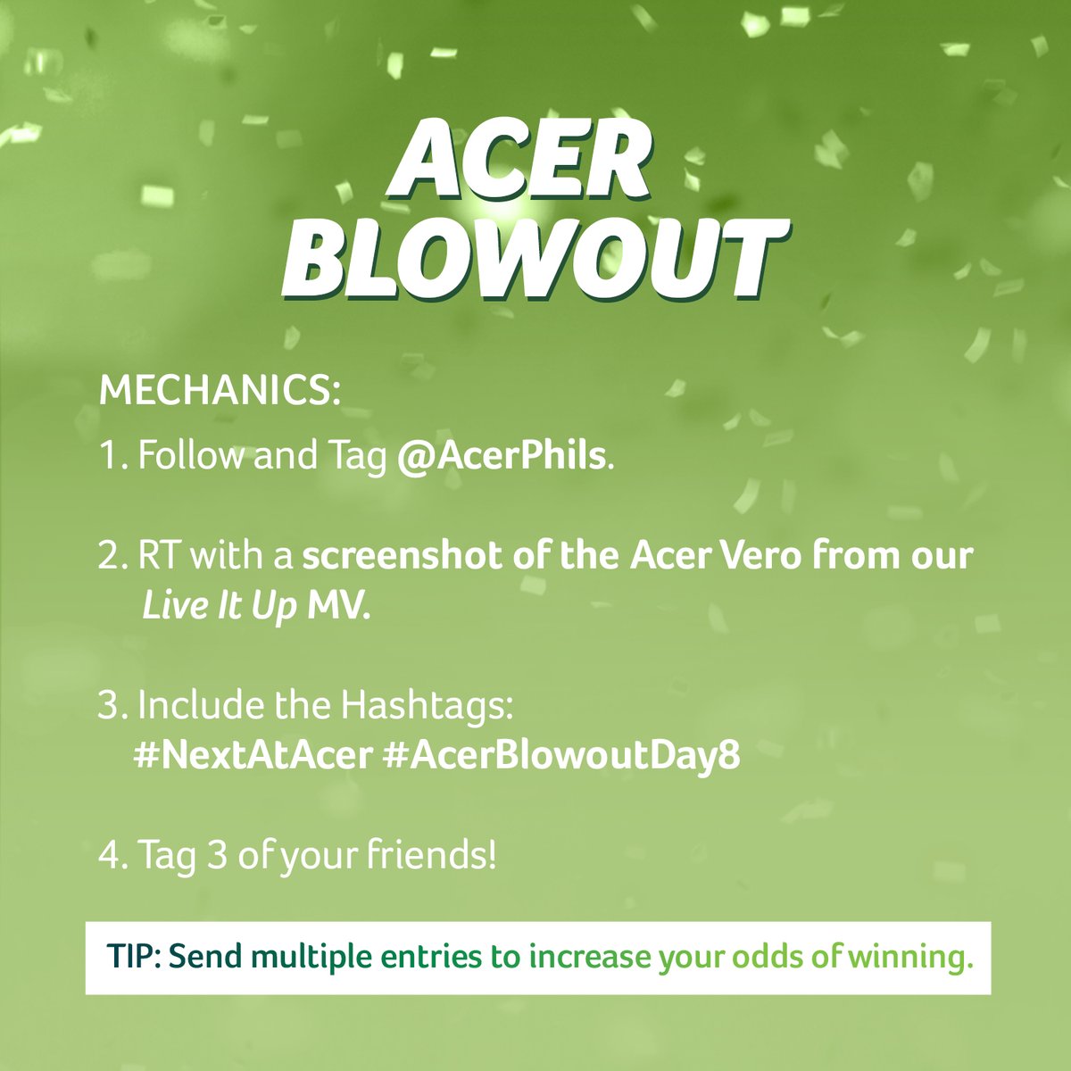AcerPhils's tweet photo. Are you ready for the ultimate speed test? Spot the Acer Vero on our “Live It Up” MV with @SB19Official. RT a screenshot for a chance to win your own #GreenPC! Make sure to follow the mechanics below. 

#AcerBlowoutDay8 #NextAtAcer https://t.co/DNztgKBWXc