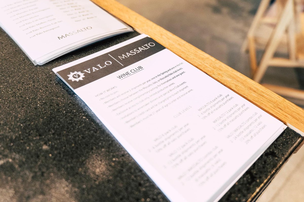 Join the wine club today!

How it works:
- No cost to join. Just a charge prior to each shipment.
- Receive 2 shipments/year for Spring &amp; Fall
- Choose Massalto, Valo or a combo of the two
- Complimentary tastings for yourself and a guest
- Exclusive access to club only wines!