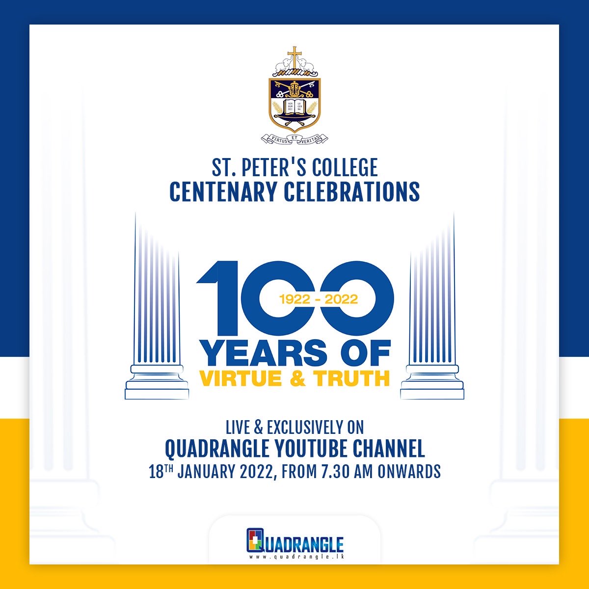 RusselArnold69's tweet photo. St. Peter's College celebrates its Centenary on 18th Jan..8.30am in D College Quadrangle.Join from 7.30am onwards for the unfolding of D Centenary Year ⁦@SPC_Colombo⁩ Subscribe for notices when Live 
https://t.co/2tNkKBrYoN
#peterites #pete100 #PeteriteCentenary #quadlive https://t.co/AT2YYNI5oO