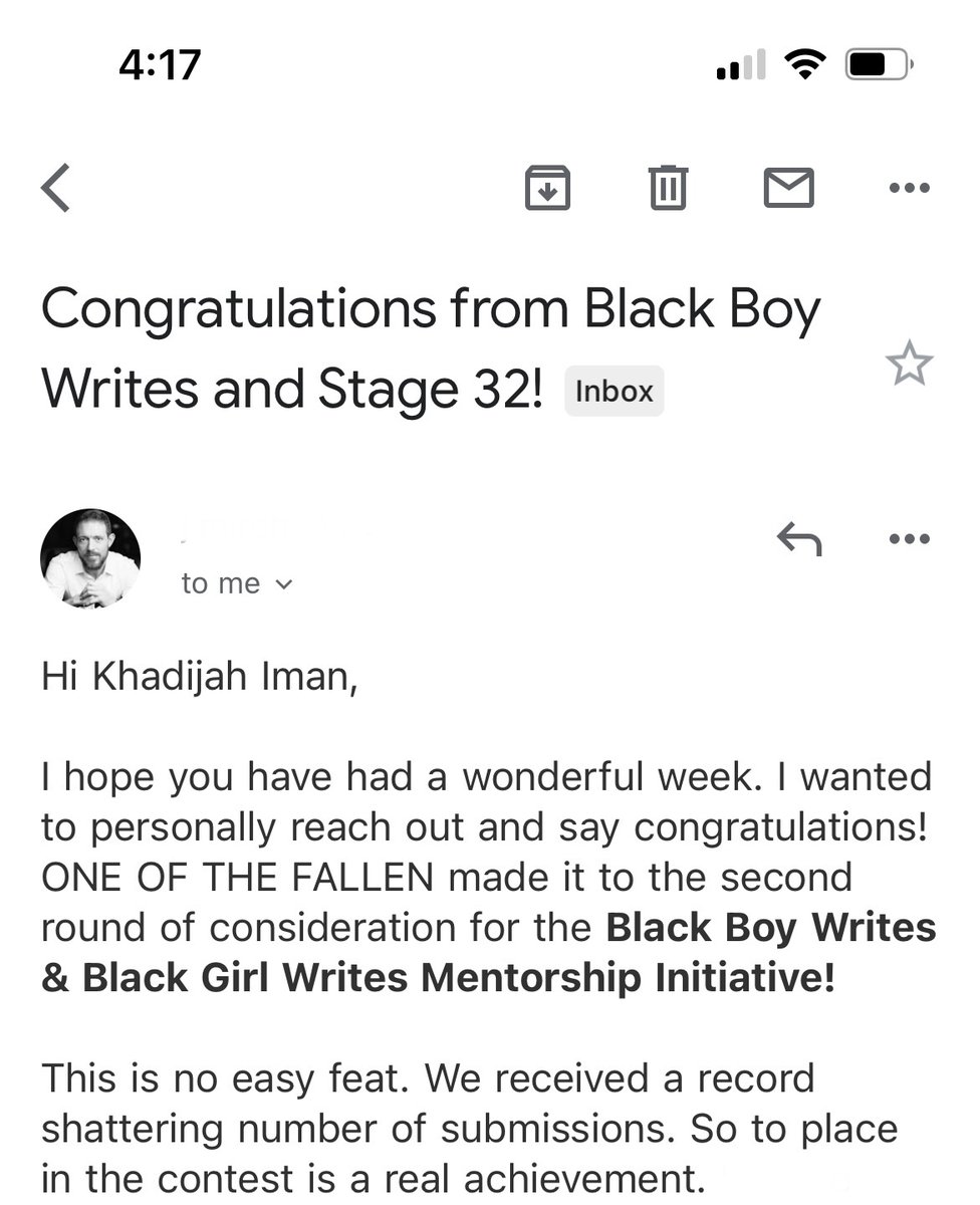 Ah! My pilot script “One of the Fallen” advanced to the second round of the Black Boy Writes / Black Girl Writes Mentorship Initiative! Thank you for the opportunity @blackboywrites and @Stage32. Here’s to going all of the way 🍾. #BlackBoyWrites #BlackGirlWrites