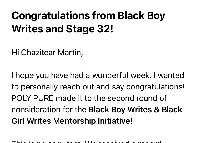 Bruhhhhhh, I jumped out of my skin! Poly Pure is getting the love she needs. 😫🤎 Thank you @blackboywrites & @Stage32 for pushing my ass on to the second round! #blackgirlwrites #screenwriting