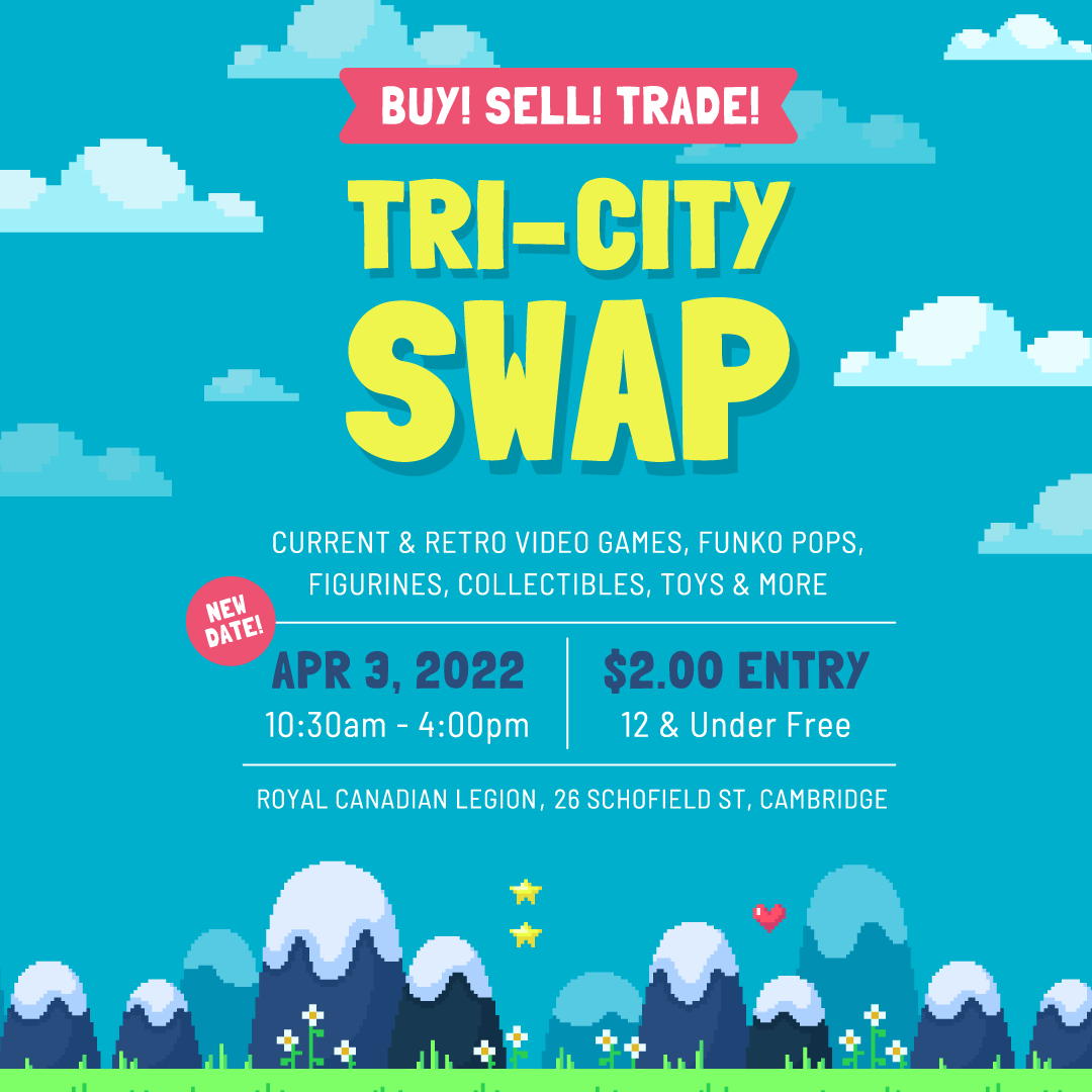 TriCitySwap's tweet photo. New date, same show! April 3, 2022! We've had to nudge the date back a little to ensure a safe and successful swap. Can't wait to see you there! #gameswap #Covidsucks #collectors #videogames #Retro #classicgaming https://t.co/G927cWPUPl